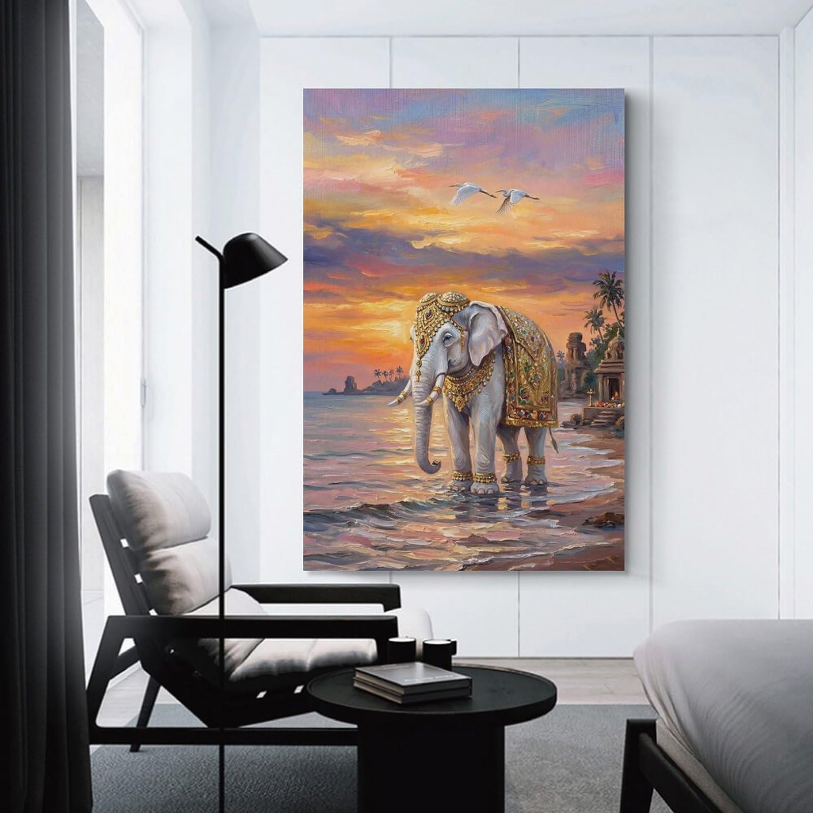 Junmoney Ornate Elephant by The Sea at Sunset Wall Picture Print 08x12inch(20x30cm), for Home Walls, Creative Rooms Or Shared Spaces, Stylish Home Artwork for Focal Walls