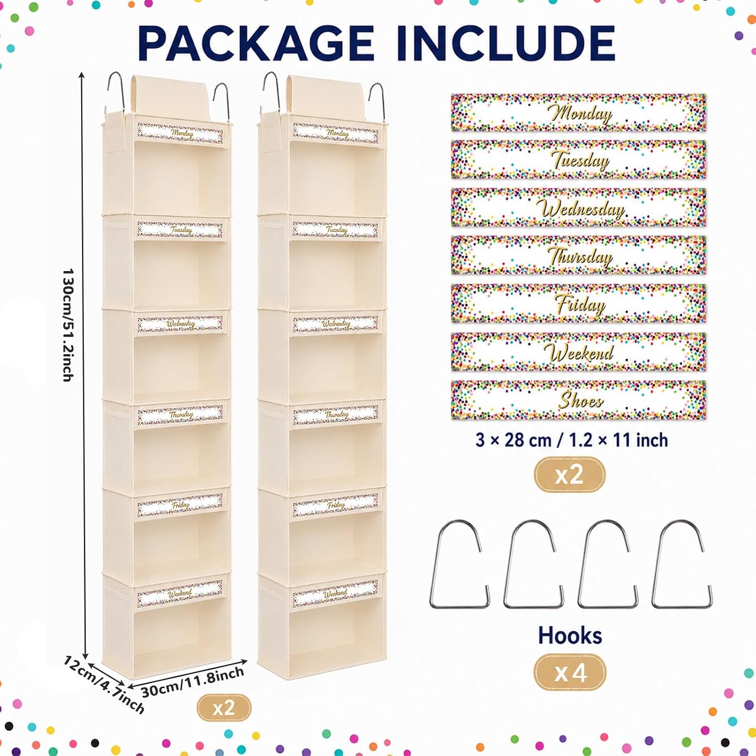 2 Pack 6 Shelf Weekly Clothes Organizer for Kids Hanging Daily Closet Organization White Background Colorful Confetti Decoration with Days of The Week Monday Through Friday Weekend Cards(Beige)