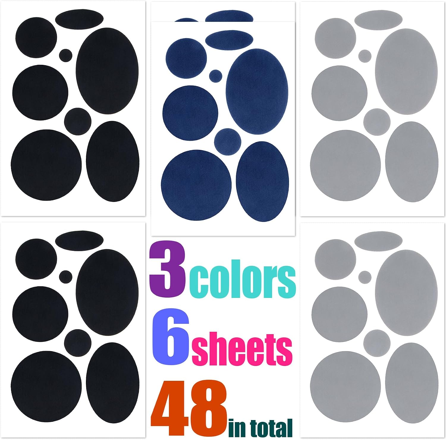 OIIKI 48pcs Puffer Down Jacket Repair Patches, 6 Sheets Waterproof Stick on Patches for Hole, Pre-Cut Self Adhesive Nylon Fabric Repair Sticker Tape for Jacket Coat Tents- Black & Blue & Gray