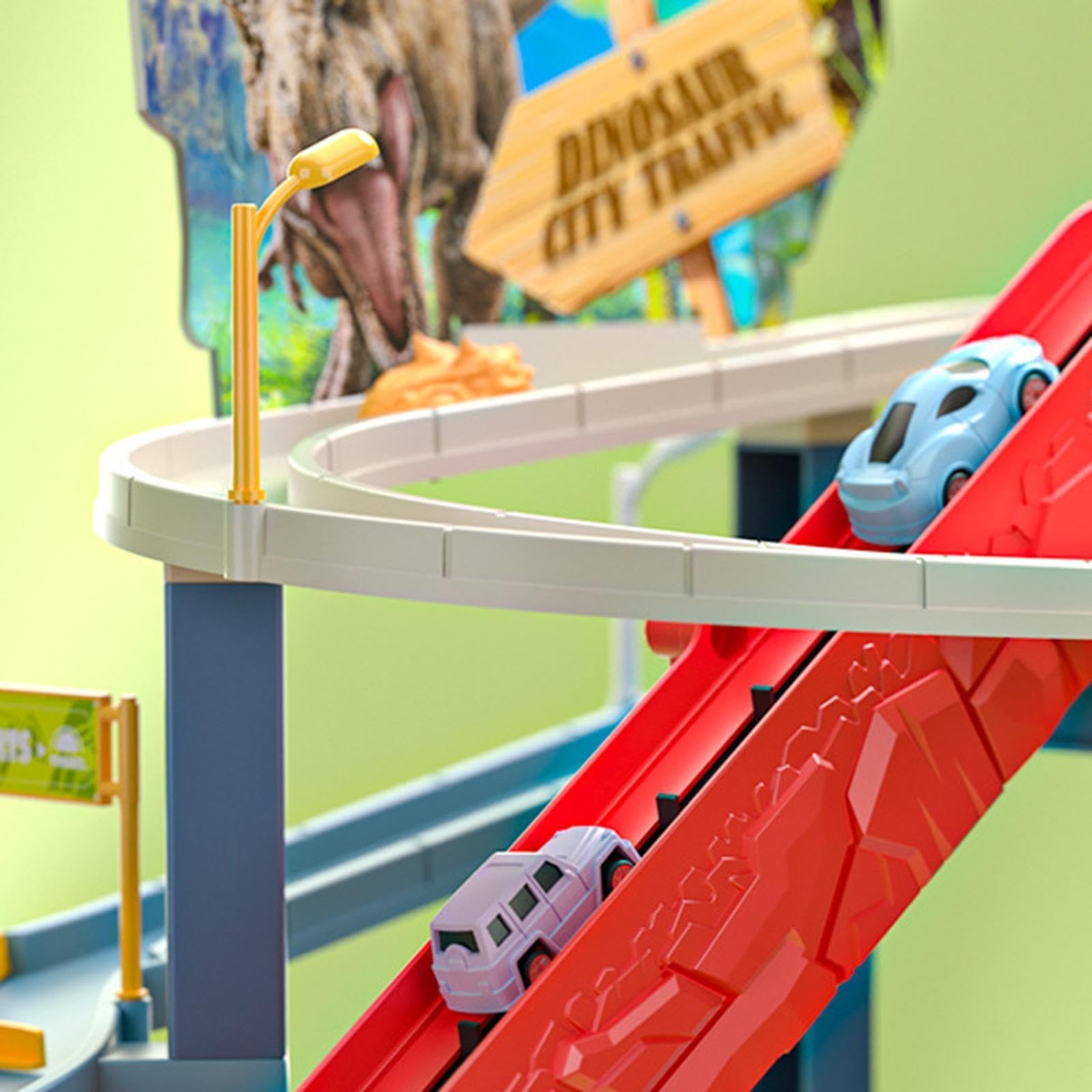 Dinosaurier Rennbahn Set, Pädagogische Spielzeugfahrzeuge für Kinder, Stadt