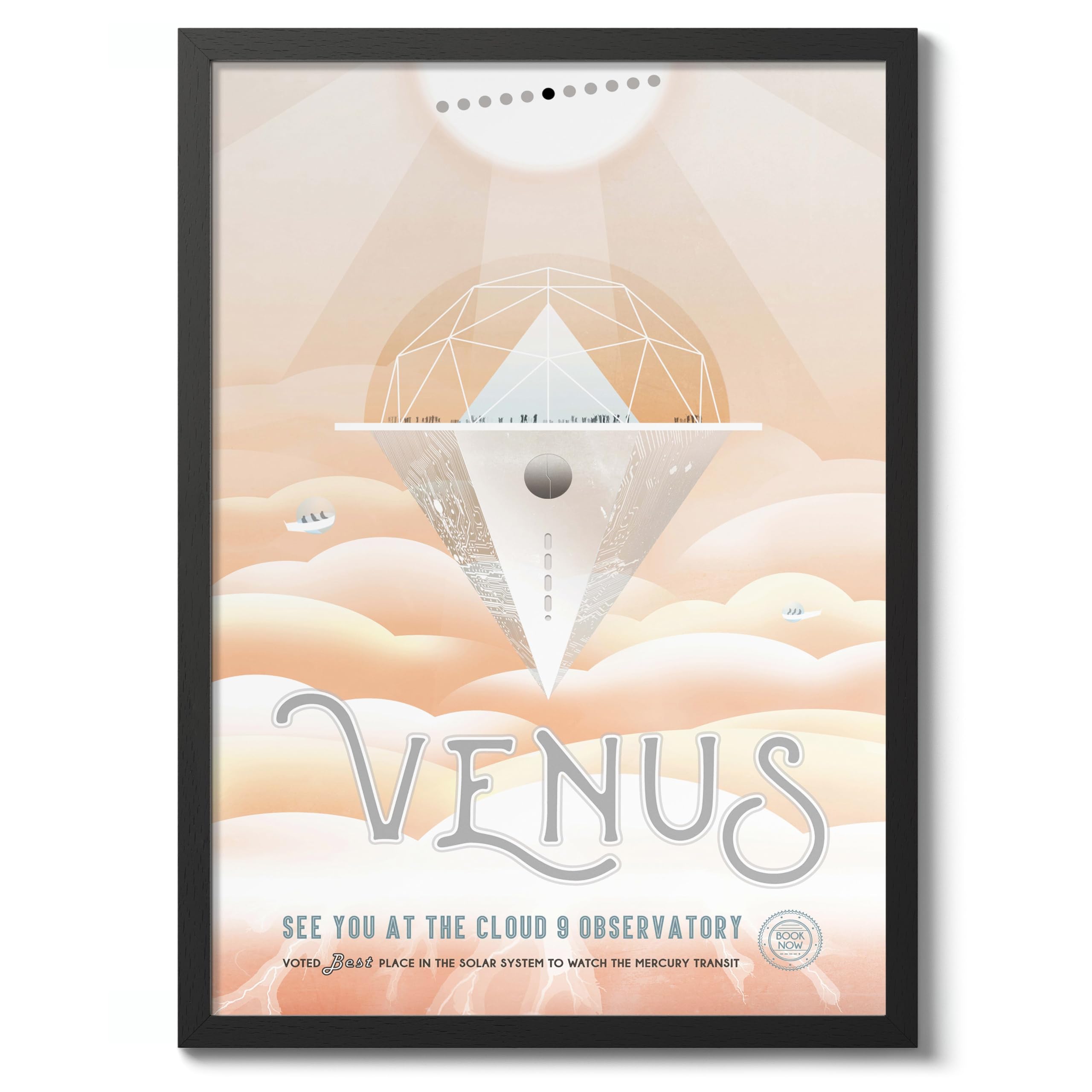 Venus Observatory Retro Nasa Space Grand Tour Travel Art Poster, Planet Travel Prints, Vintage Astronomy Home Decor, Astronaut Space Print, Archival Matte, A3 (Black Frame) - 42x29.7cm