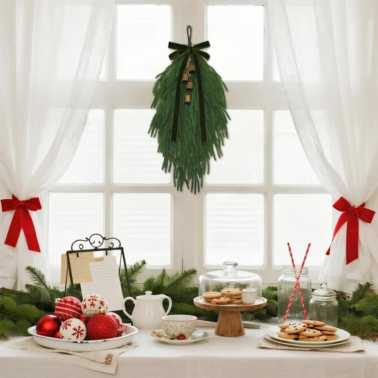 2 Pack Christmas Teardrop Swag for Front Door with Green Bowknot, Norfolk Pine Needle Hanging Garland with Bell Velvet Bow Rustic Door Swag Teardrop Wreath for Outdoor Mantle Fireplace Decor