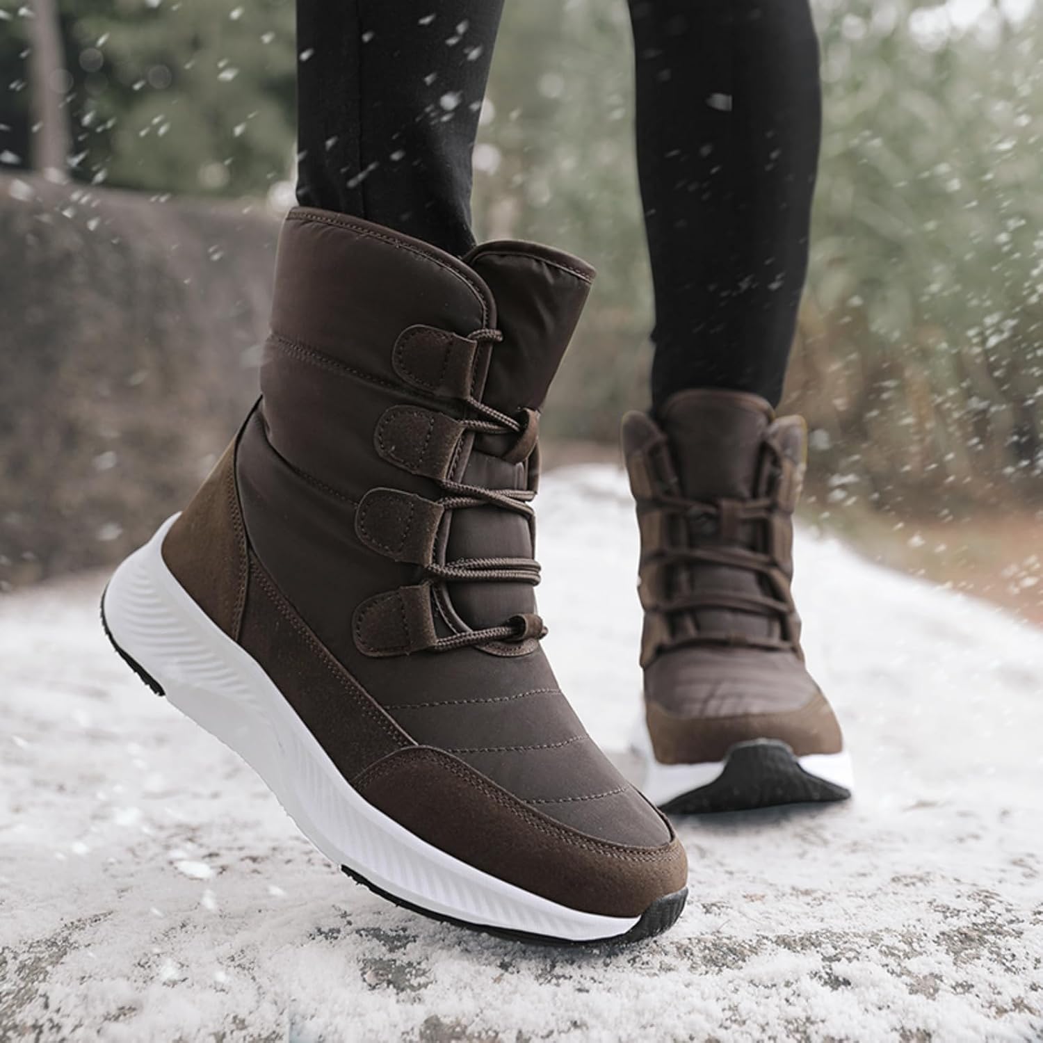 Women's Mid-Calf Winter Boots - Fleece-Lined Warm Footwear, Lace-Up Design, Non-Slip Thick Sole, Water-Resistant Upper, Comfortable for Cold Weather Outdoor/Indoor Wear.