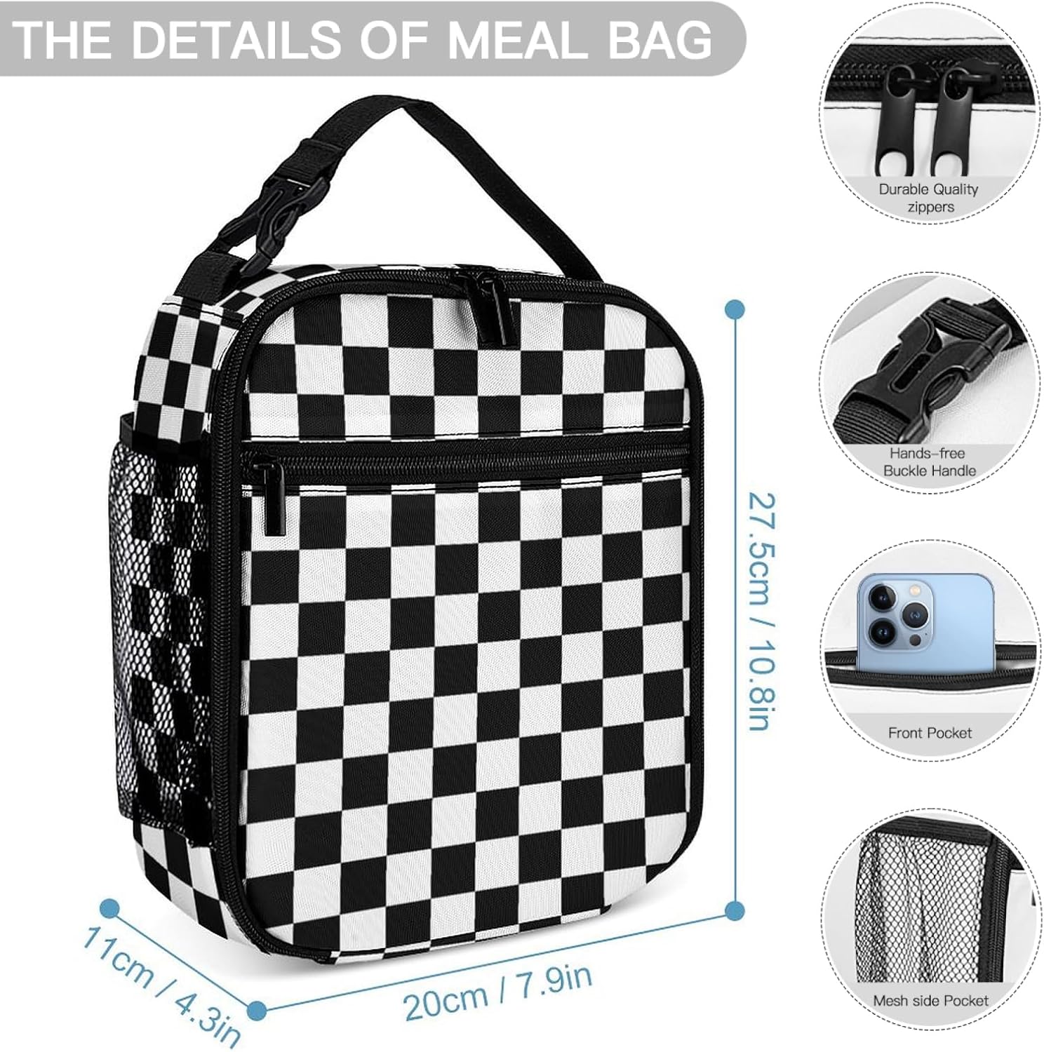 Colorful Multi Pocket Backpack Set School Bookbag with Lunch Bag Lightweight Pencil Case Pouch Bag (Checkered, One Size) - Image 5