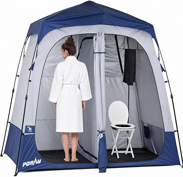 Porayhut Portable Camping Shower Tent Deluxe Changing Room Easy Set Up Privacy Shelter,Large Toilet Tent 2 Rooms with Floor Drain Design for Beach, Camping,Hiking with Stakes and Ropes for Stability