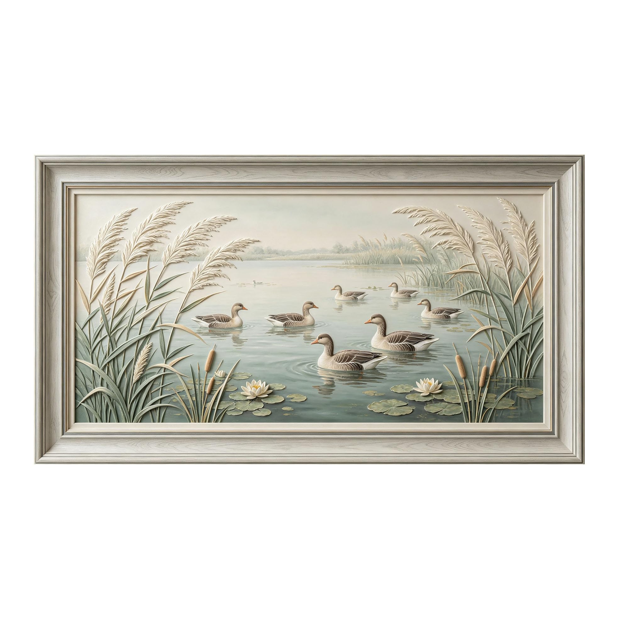 Murasolite 3D Framed Wall Art Lake Waterfowl Landscape Oil Painting SelfAdhesive Fabric Mural Wall Decor， Peel and Stick No Damage to Wall， AntiFall Safe Design for Bedroom Living Room