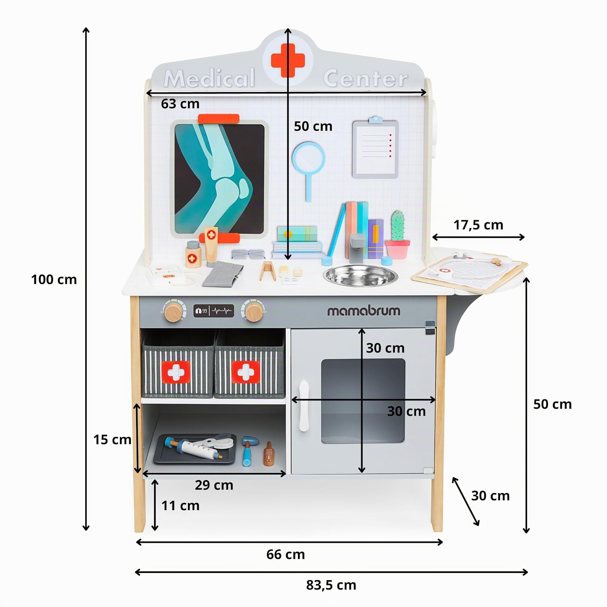 Mamabrum Armadietto dei Medicinali in Legno XXL - Set da Medico con 20 Accessori Realistici e Valigetta per Bambini