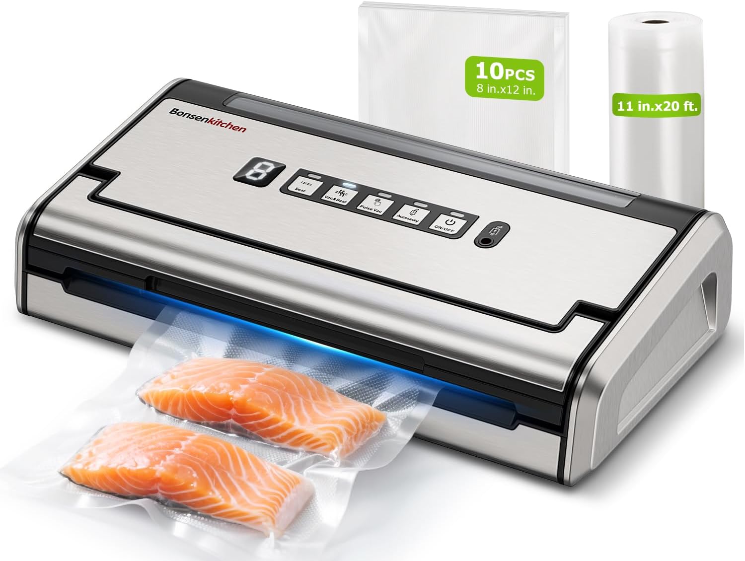 Bonsenkitchen Vacuum Sealer for Food, One-Hand Operation Food Vacuum Sealer Machine with Digital Timer, 0.2-inch wider seal, Built-in Cutter and Bag Storage for Meal Prep, 1 Roll Bag & 10 Pre-Cut Bags