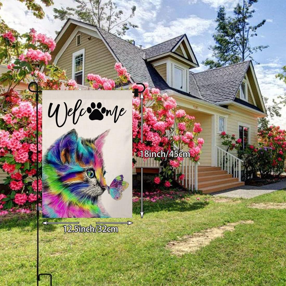 Sambosk Spring Summer Cat Small Garden Flag Vertical Double Sided Burlap Welcome Dog Paw Butterfly Farmhouse Yard Outdoor Decoration 12 x 18 Inches