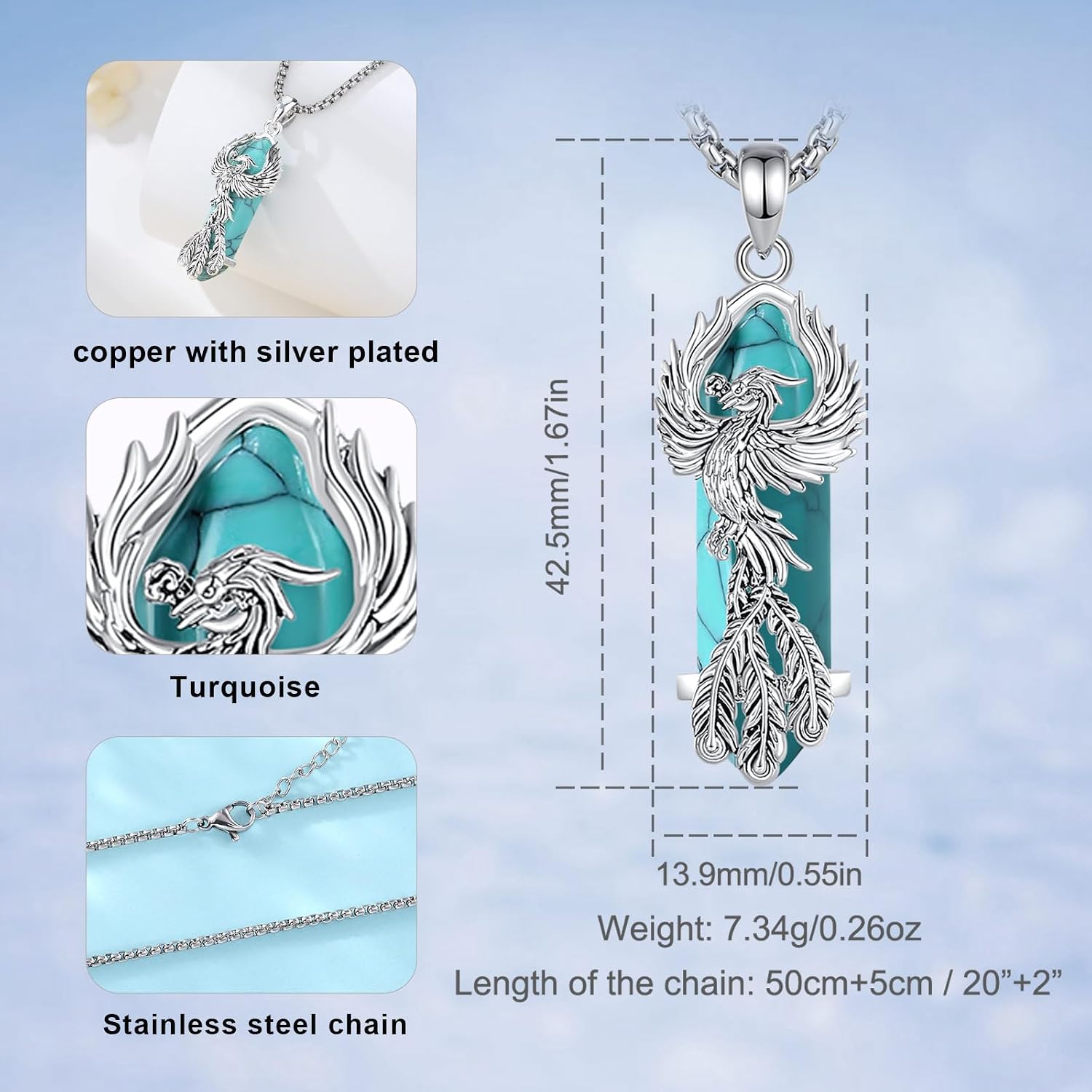 AEONSLOVE Dragon & Phoenix Necklace with Healing Crystal – Amethyst/Obsidian/Turquoise/Lapis Lazuli/Malachite/Clear Quartz/Rose Quartz/Carnelian Crystal Jewelry Gifts for Women Men