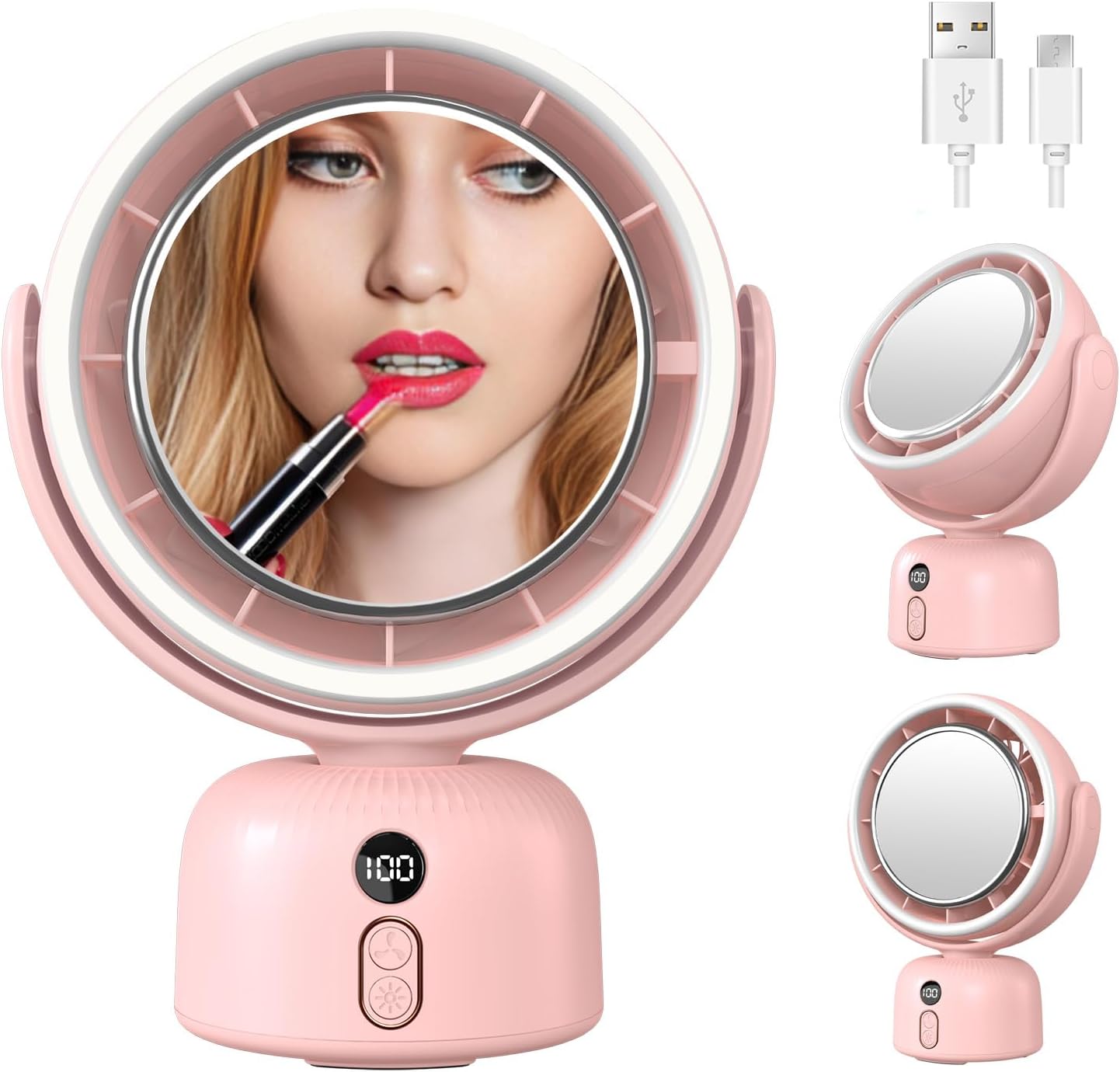 6000mah Table Fan with makeup mirror and led light 5-Speed Ultra-Quiet Cooling |Dimming led vanity mirror with light fan | USB-Powered Portable Fan For Home/Office/Outdoor (Pink)