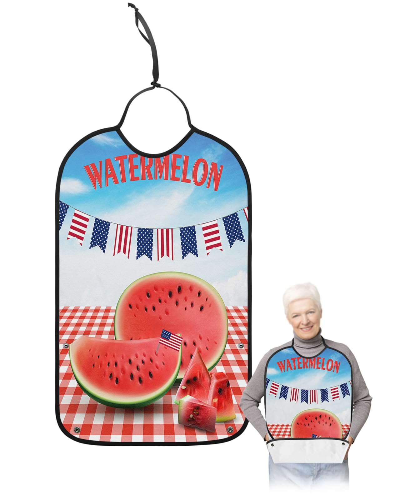 4th of July Adult Bibs for Eating, Waterproof Bibs with Food Catcher & Adjustable Snap Closure, Independence Day Summer Watermelon Red Plaid Clothing Protectors Adult Bibs for Elderly Women/Men
