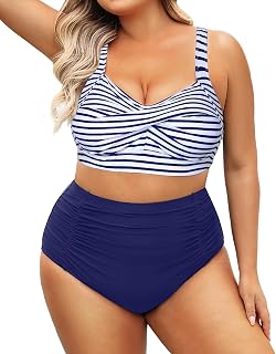Daci Women Plus Size High Waisted Two Piece Swimsuit Tummy Control Bikini | Twist Front,Ruched Tummy Control,High Waist,V Neck,Full Coverage,Retro,Removable Pads,Adjustable Straps