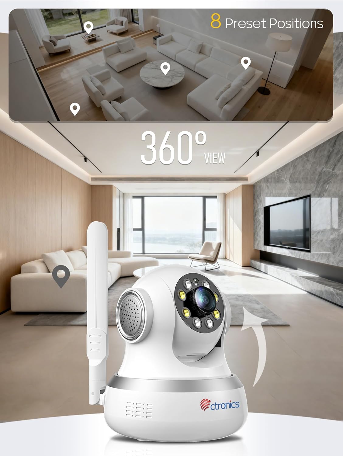Ctronics 4K Security Camera Indoor, Dual-Band Wi-Fi, AI Human/Pet Detection with Auto Tracking, 20m Full-Color Night Vision, Sound & Light Alarm, 8 Preset Positions, App & PC
