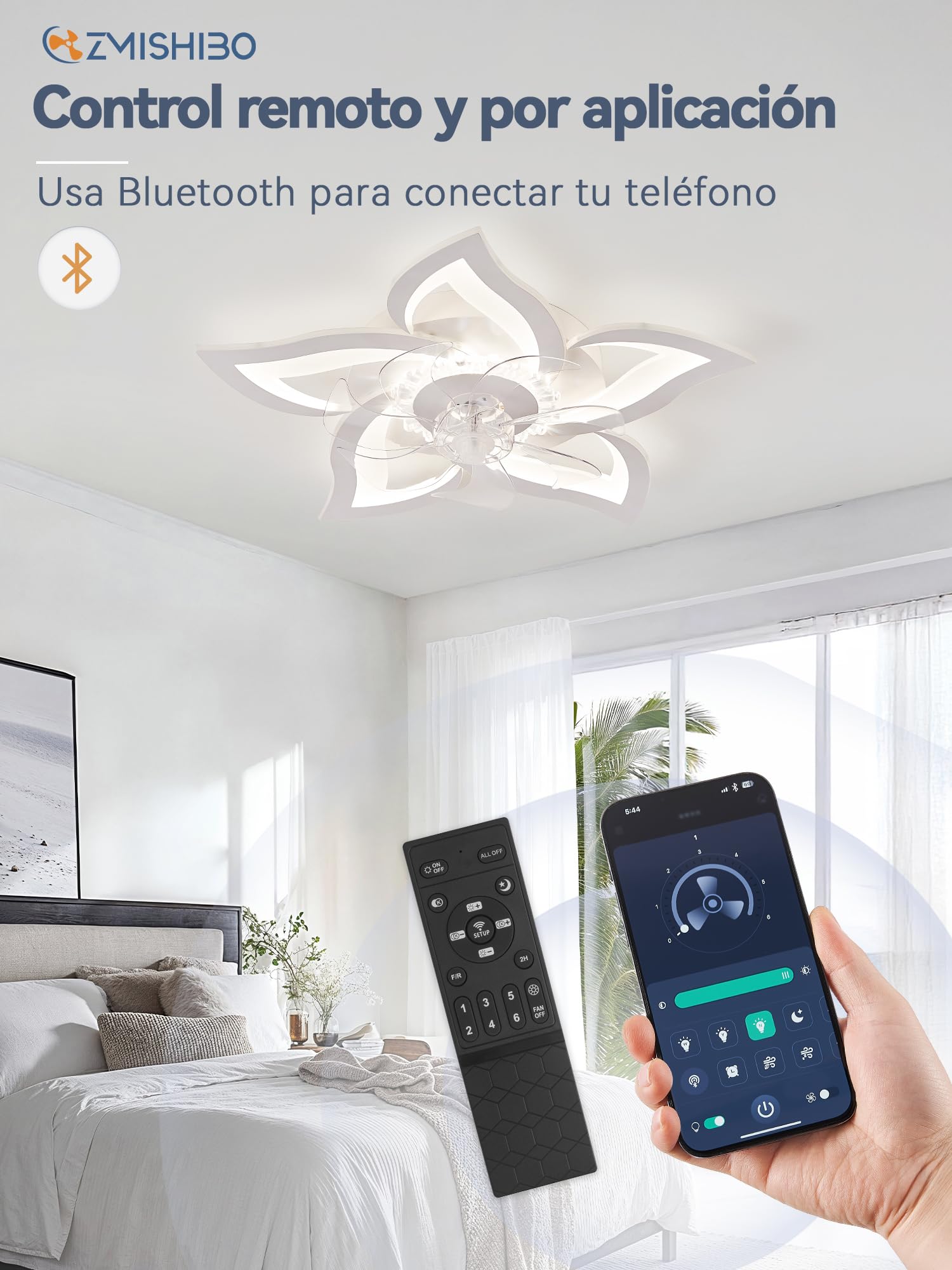 ZMISHIBO Ventilador de Techo con Luz Silencioso Floral Blanco 69cm, Motor DC Inversible 6 Velocidades, LED Regulable, APP Bluetooth para Dormitorio, Cocina y Comedor