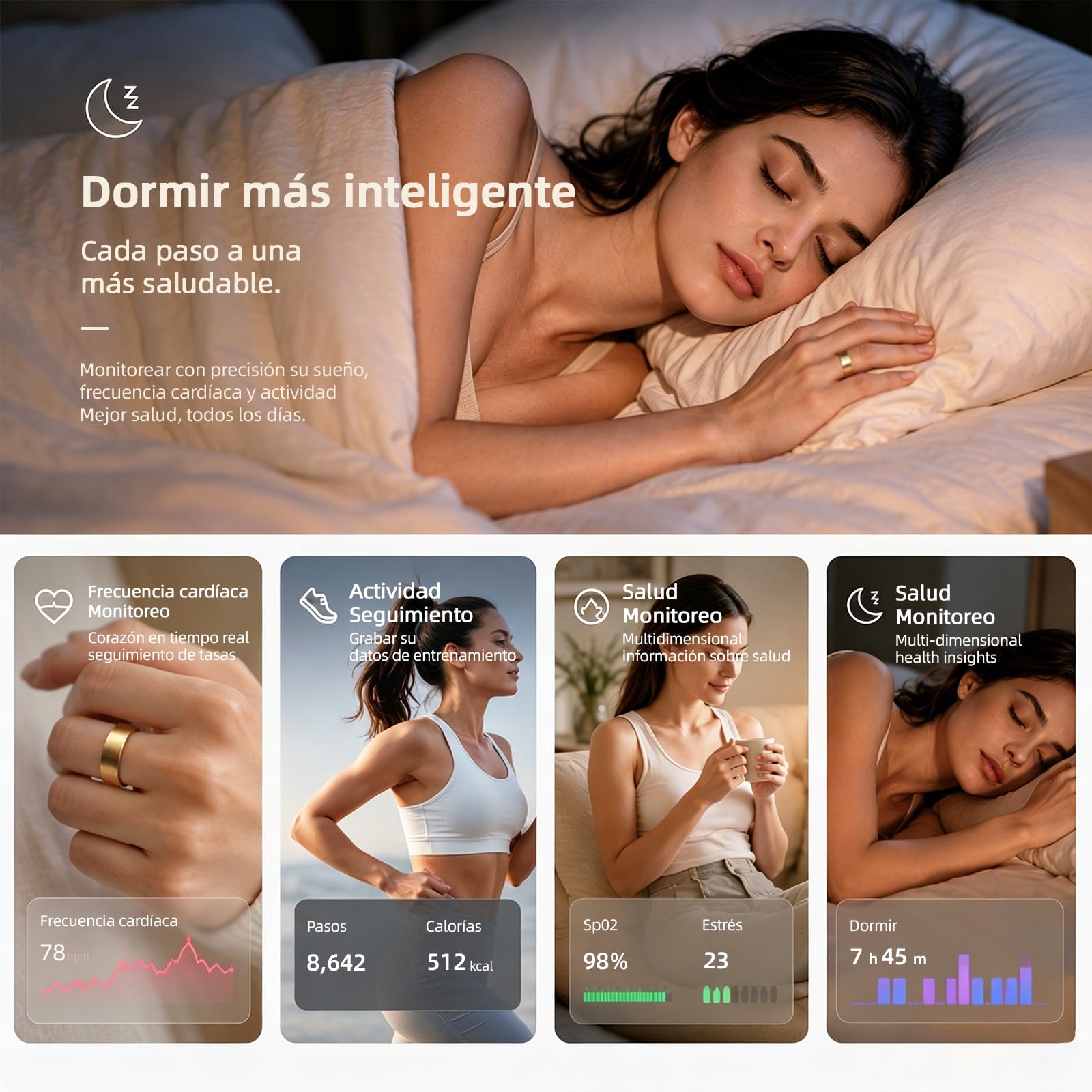 anello intelligente per attività fisica con frequenza cardiaca, ossigeno nel sangue, stress, monitoraggio del sonno, monitoraggio dei passi, impermeabile fino a 10 ATM (oro rosa, 13)