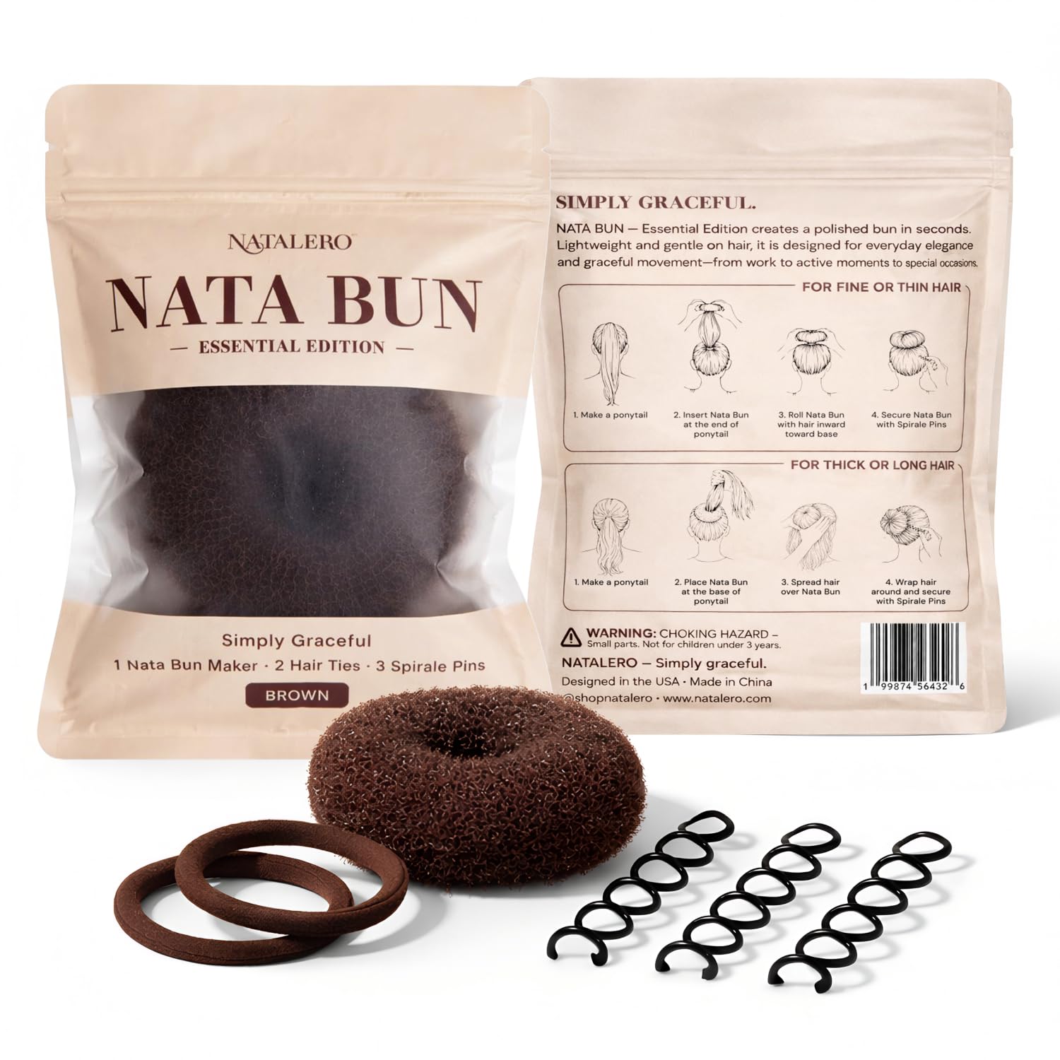 Nata Bun Hair Bun Maker for Women – Volumizing Hair Styling Set with Spirale Hair Pins for Thin and Thick Hair | Secure Style in Seconds | Hair Donut Alternative, Ballet Hair Accessories Set (Brown)