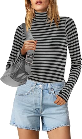Yanekop Womens Striped Turtleneck Shirt Long Sleeve Striped Shirts Ribbed Knit Slim Fit Top Fitted Basic Tees