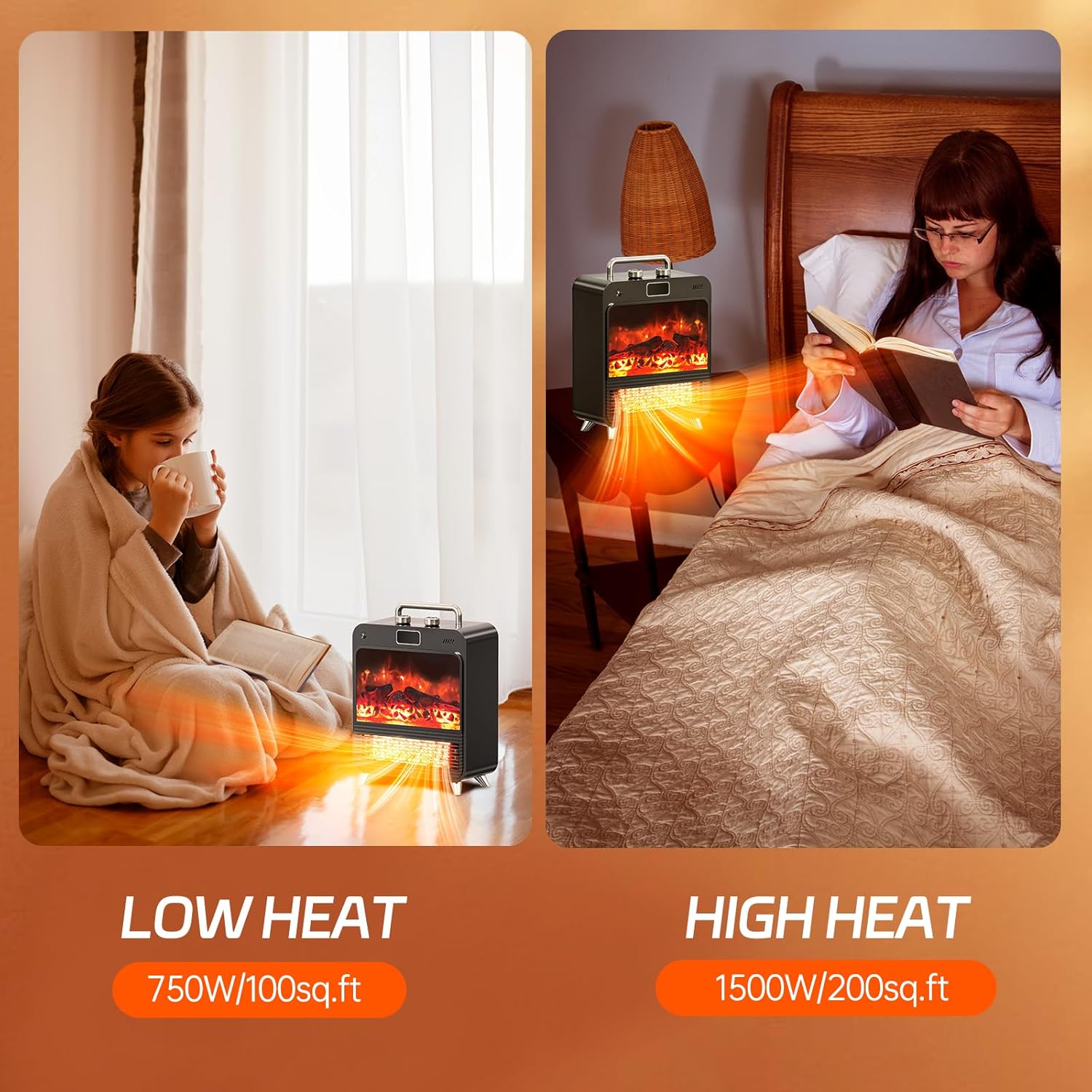 Electric Fireplace Heater, 3-IN-1 Portable Fireplace Heaters for Indoor Use, 750/1500W Space Heater Indoor, Realistic 3D Flame, 2 Heating and Fan Modes, Space Heater for Office Bedroom Indoor