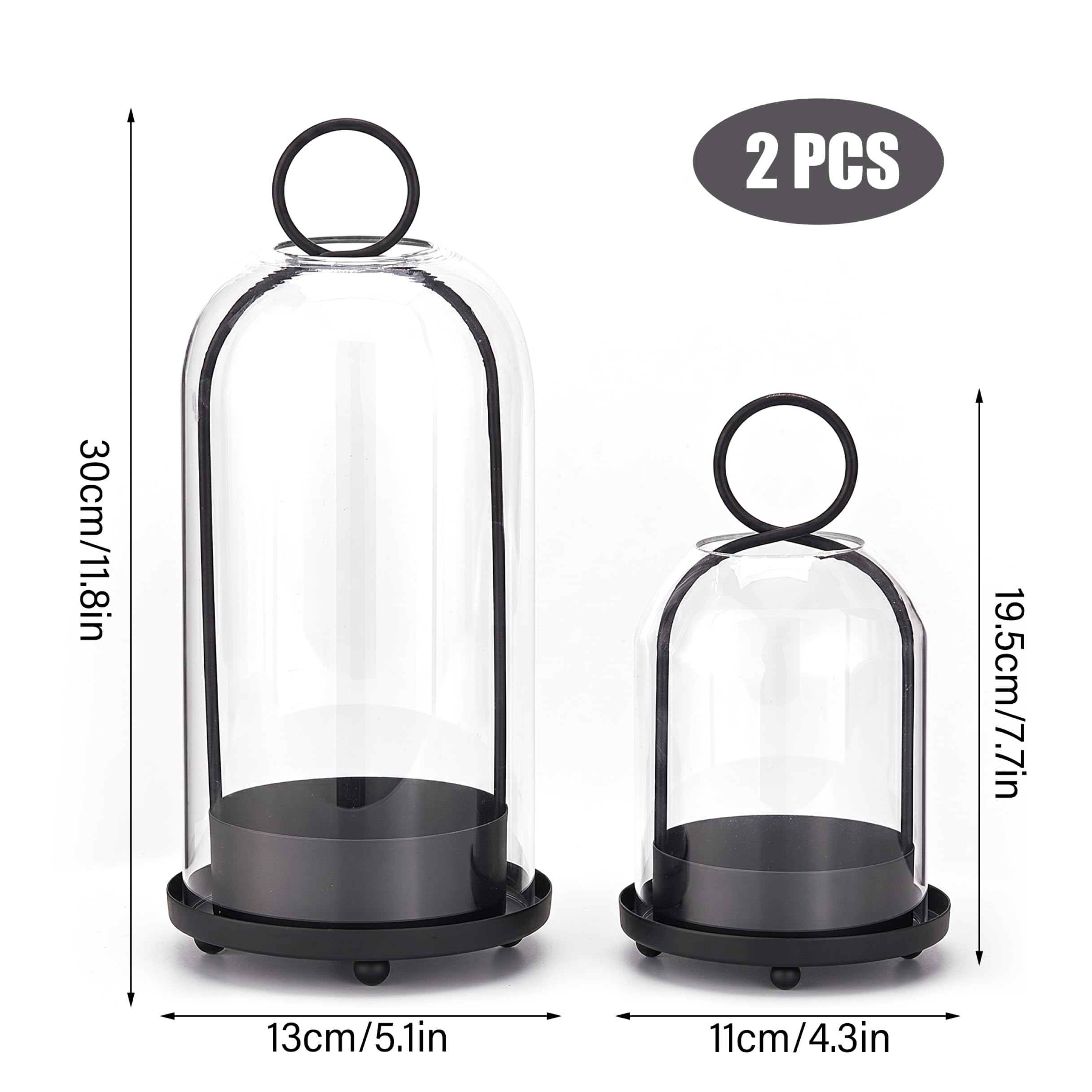 Juego de 2 portavelas de Cristal Hurricane para Velas de Pilar, de Mesa o Colgantes, Metal Negro y Cristal Transparente