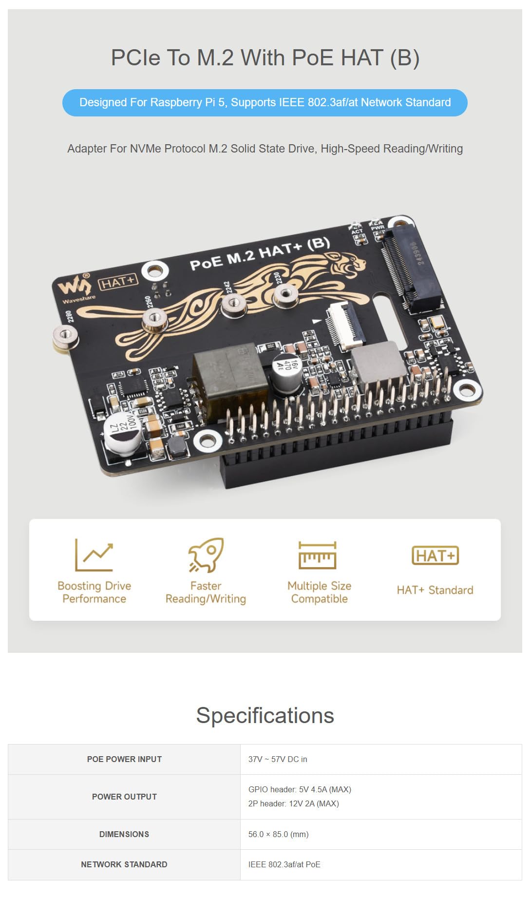 PCIe to M.2 Adapter with PoE Function (B) for Raspberry Pi 5, Supports NVMe M.2 SSD (2230/2242/2260/2280), High-Speed Reading/Writing, IEEE 802.3af/at PoE HAT with Dual LED Indicators - Additional View