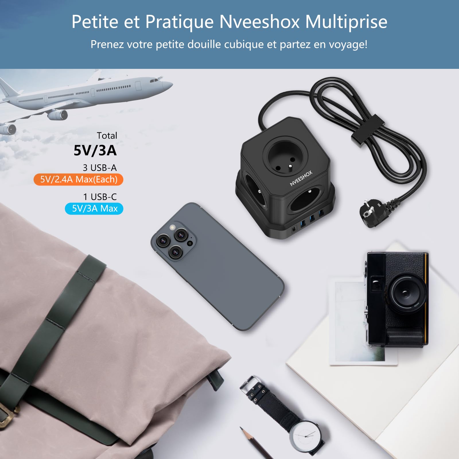 NVEESHOX Cubo Multipresa a 5 prese con 3 porte USB +1 USB C PD20W porte | Multipresa Scaricatore con Interruttore, (16A/4000W) - Blocco multipresa elettrica cavo 2M per casa ufficio, viaggio (nero)