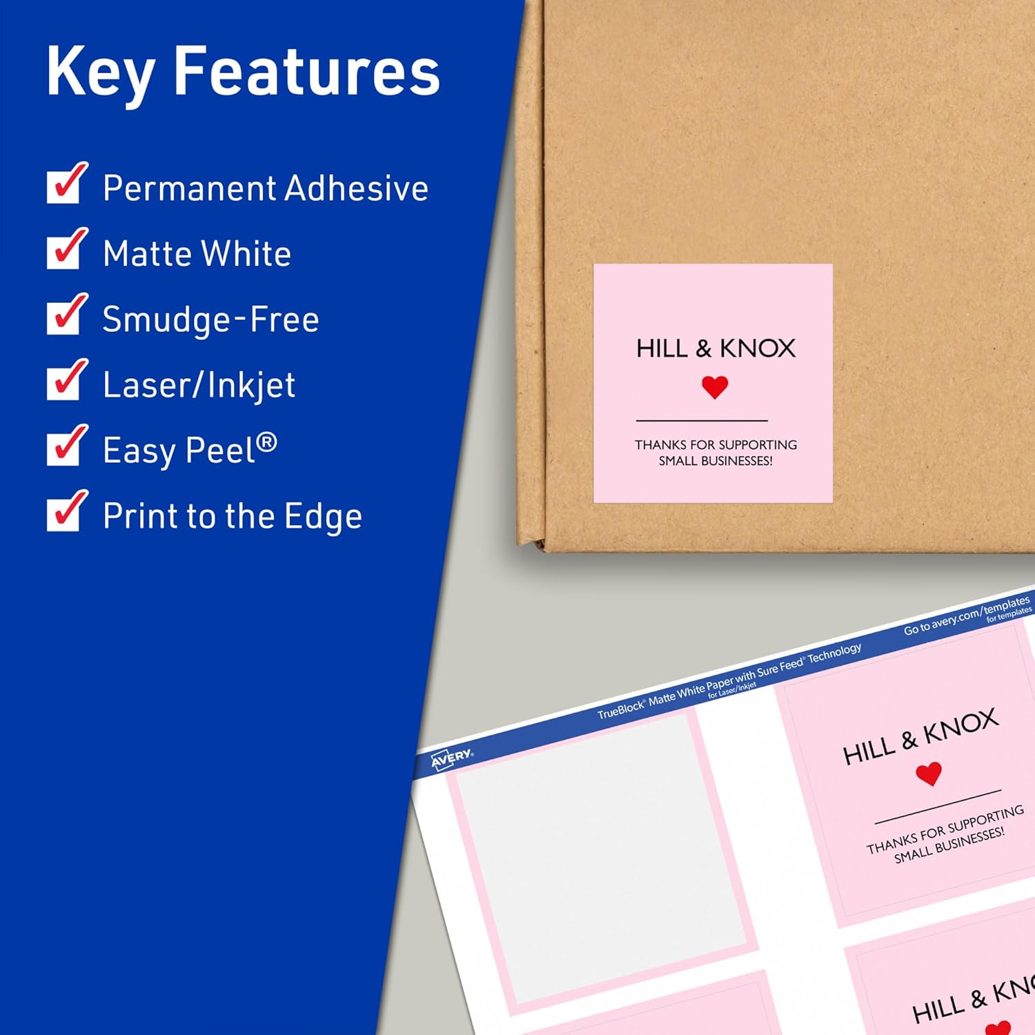 Avery TrueBlock Matte White Square Labels, Sure Feed Technology, 3" x 3", 300 Matte White Labels, Print-to-The-Edge, Laser/Inkjet Printable, Great for Packaging and Product Merchandising