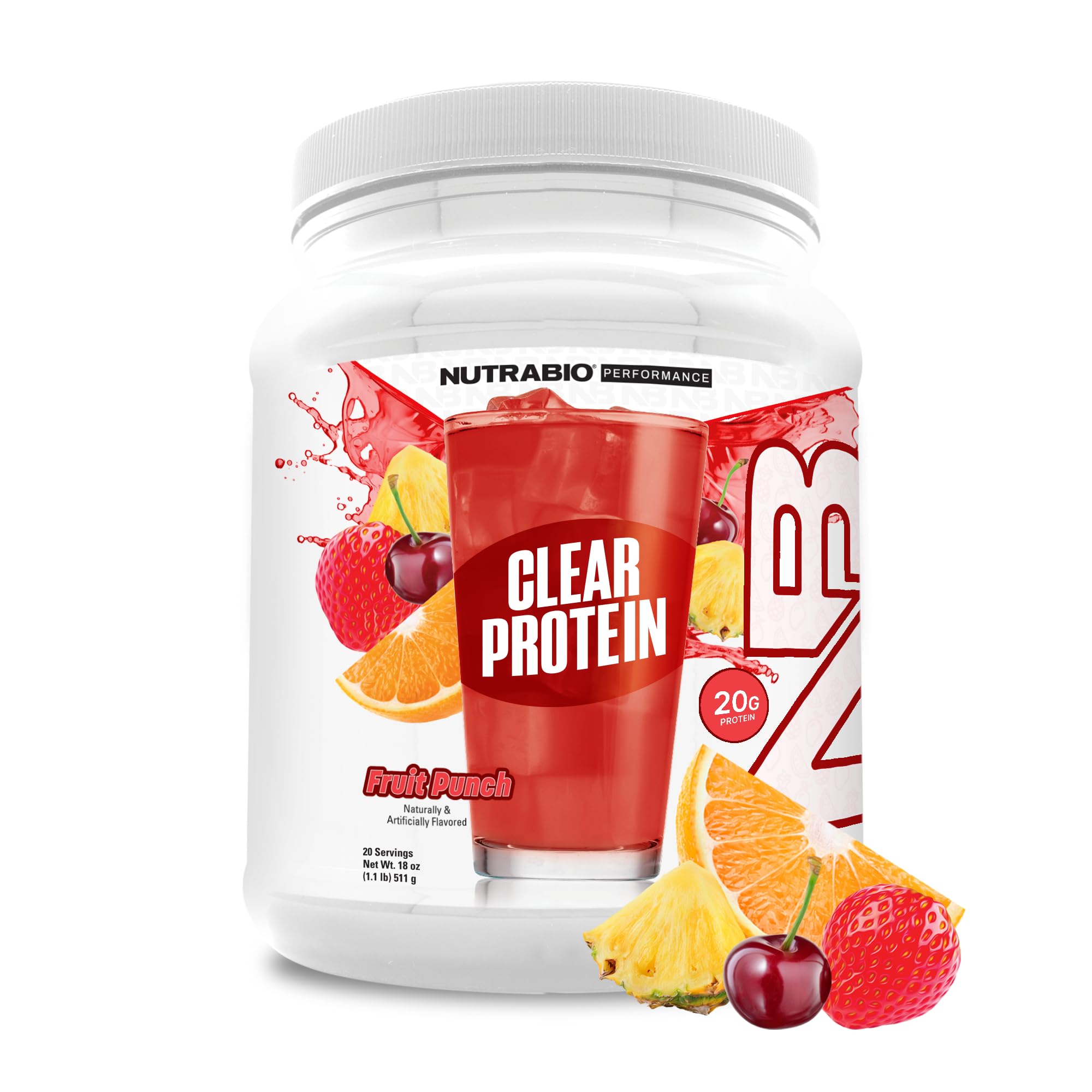 NutraBio Clear Protein Powder, Fruit Punch - 20 Servings, 20g Clear Whey Protein Isolate, 0 Sugar, 0g Lactose, Refreshing Fruit Flavors, GLP1 Support - Bone Health - Muscle Post Workout Recovery