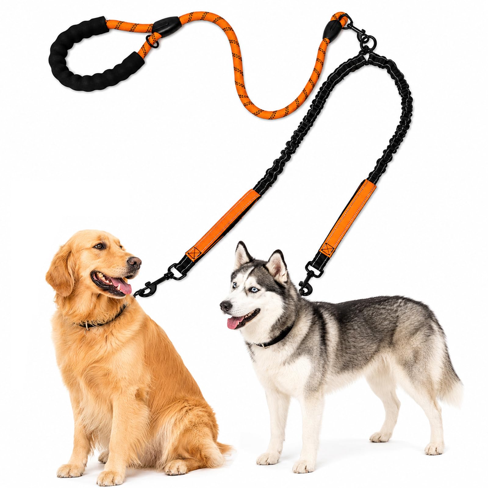 Guinzaglio doppio per cani per 2 cani, nessun groviglio Bungee Large | Guinzaglio doppio resistente per due cani, elastico ammortizzante, girevole a 360°, manici imbottiti