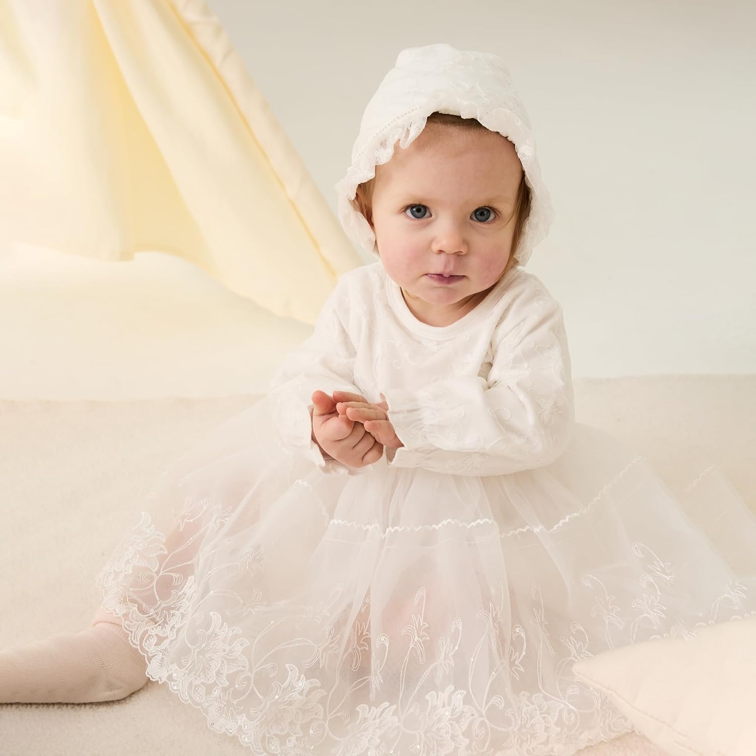 Newborn Baby Girl Christening Dress White Baptism Lace Short Sleeve Fall Wedding Dresses with Bonnet Outfit - Image 2
