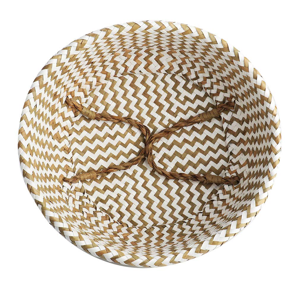 Botaniczny tkany kosz do przechowywania z trawy morskiej |Składany organizer na ubrania do prania/zabawek/pikniku |Eco - Świadomy, solidny kosz z uchwytami |Zakrzywiony wzór (White (wavy pattern))