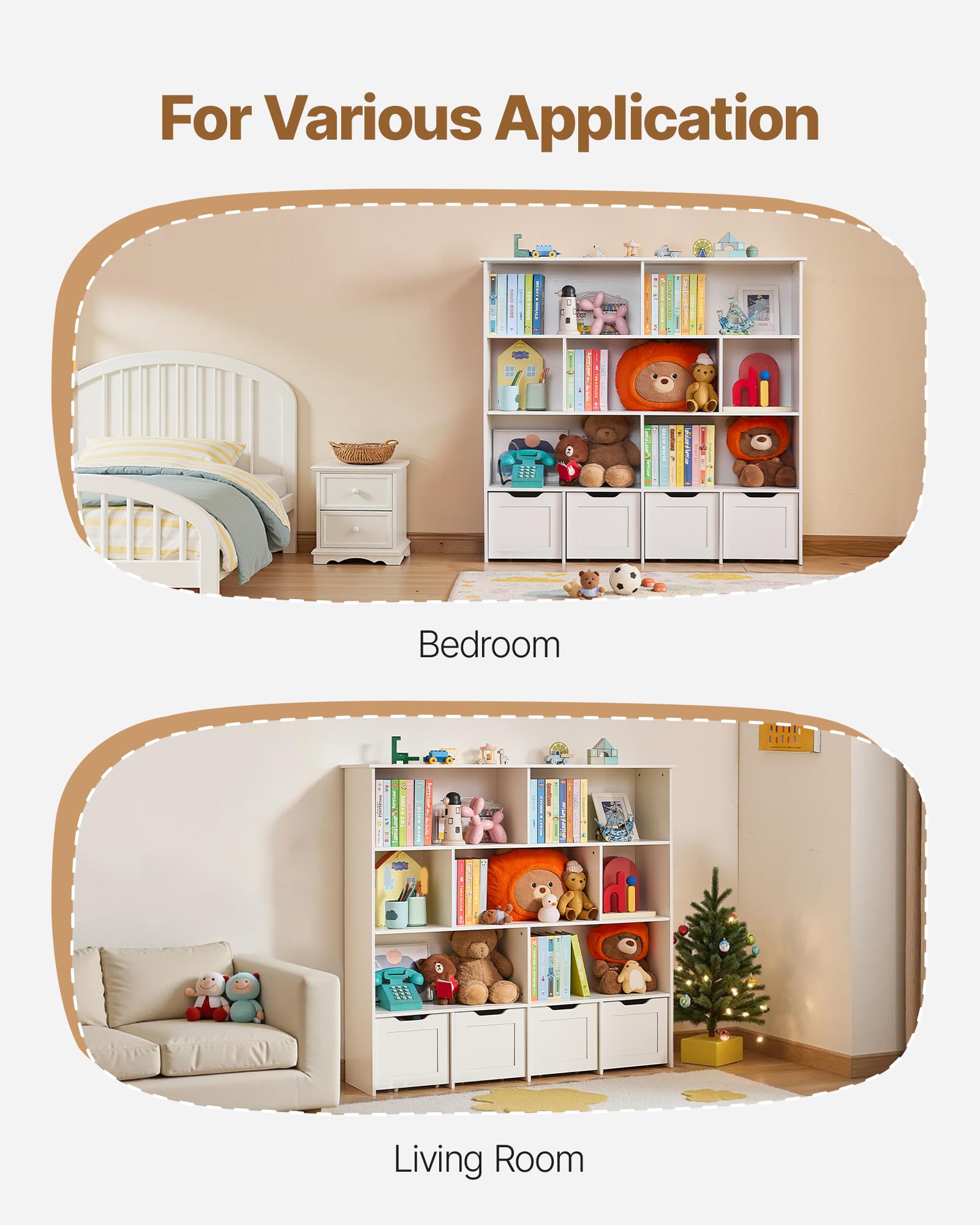 VEVOR Kinderregal Bücherregal aus Holz mit Stauraum, Spielzeugschrank mit 4 mobilen Schubladen, Aufbewahrungsschrank für Spielzeug, Spielzeugregal für Schlafzimmer Kinderzimmer Wohnzimmer, weiß