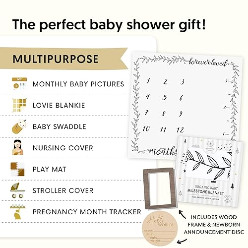 Miniatura 5 de Manta orgánica de hitos para bebé, niño o niña, 1-12 meses, neutra, 47 x 47 pies con marco de madera y disco de anuncio para recién nacido