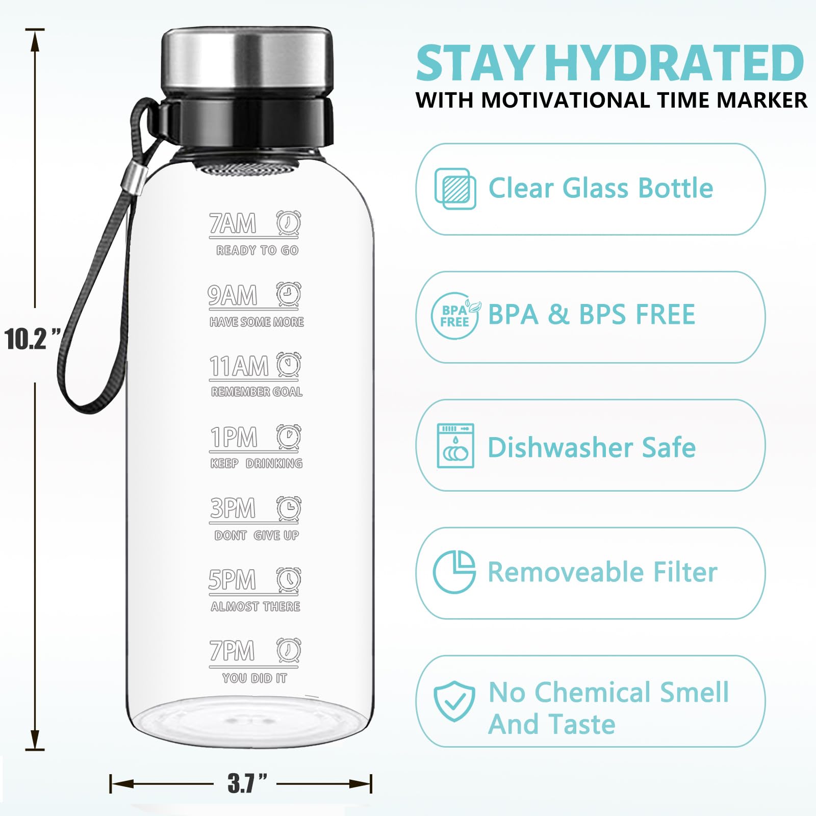 RNCKUUE Glass Water Bottle 1.5 Litre - 1500ml Large Borosilicate Wide Mouth Glass Drinking Bottles With Time… - Image 3