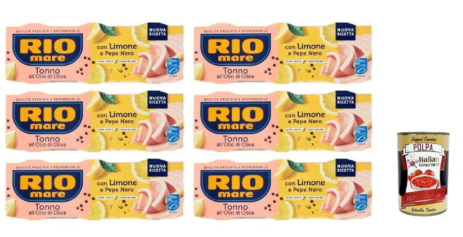Rio Mare Thunfisch in Olivenöl mit Zitrone & Schwarzem Pfeffer, 6x Packung à 3x65g (18 Dosen, 1,17kg) verzehrfertig für Salate & Pasta + Italian Gourmet polpa