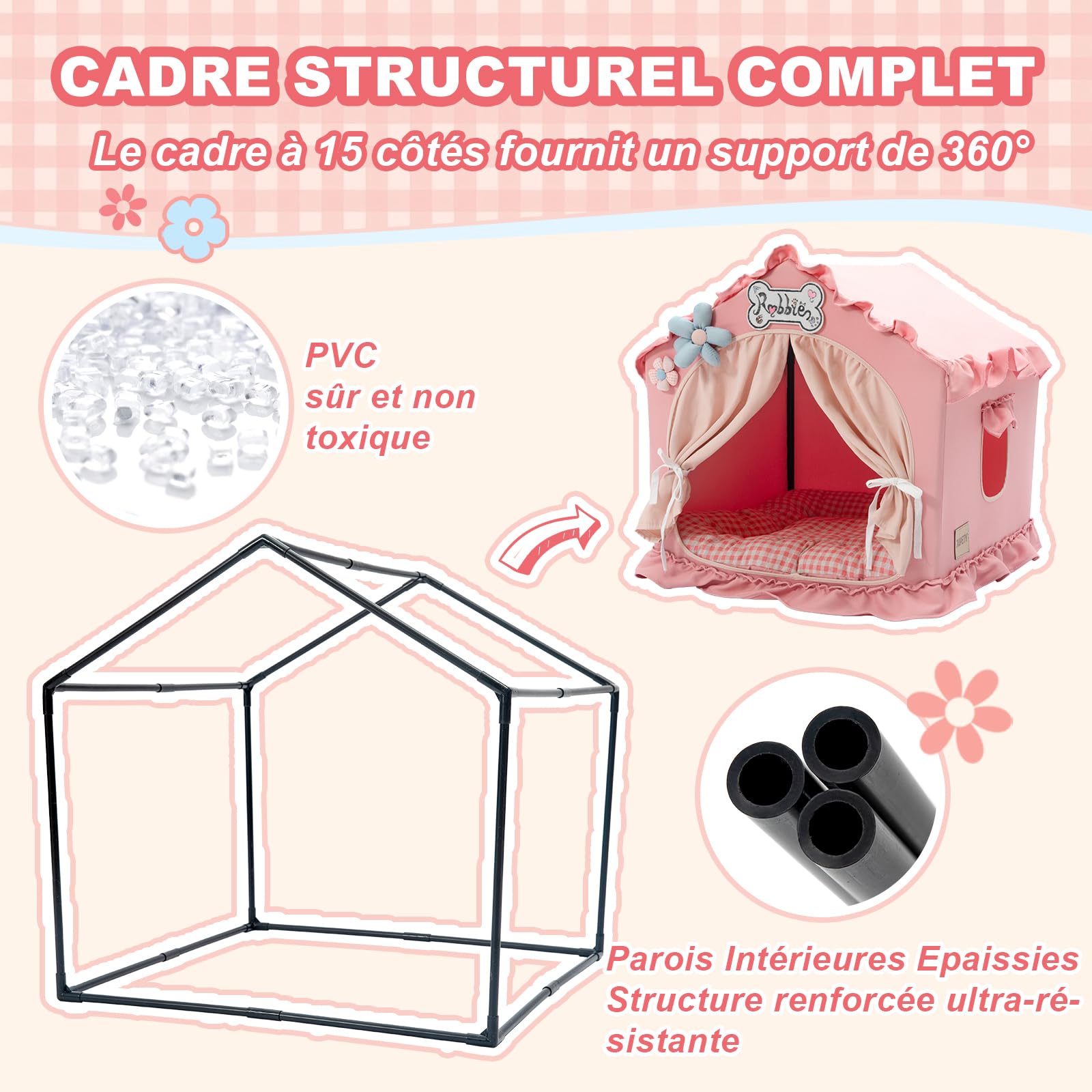 Jiupety Niche pour chien Cabane d'intérieur pliable lavable avec cadre toit ventilé taille L 64x64x64 cm 9-18 kg