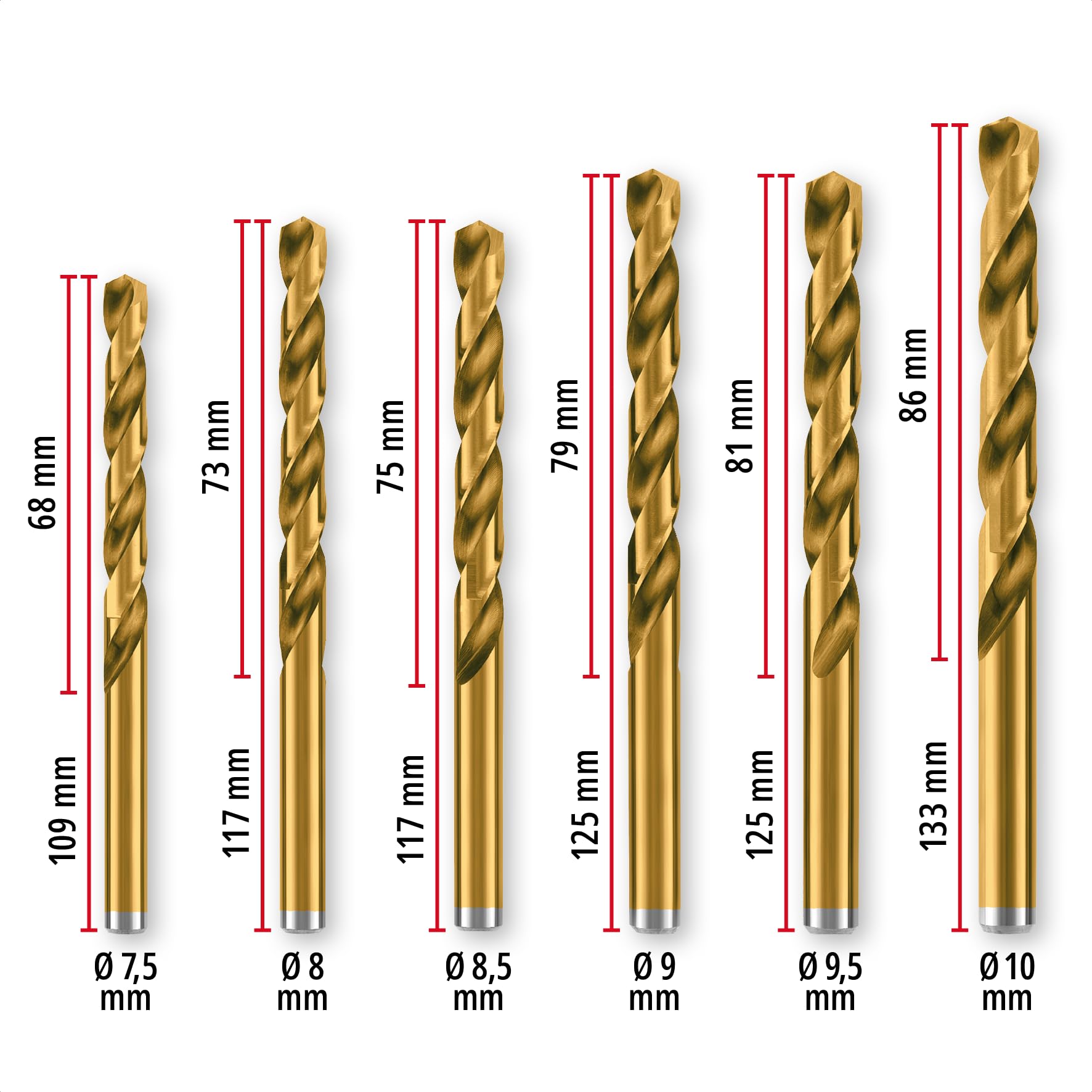 Einhell 19 pièces jeu de forets métal HSS-G TiN, Ø 1–10 mm | Acier HSS | revêtement nitrure de titane | pointe Split Point 135° | spirale N fraisée | queue cylindrique | coffret incl.