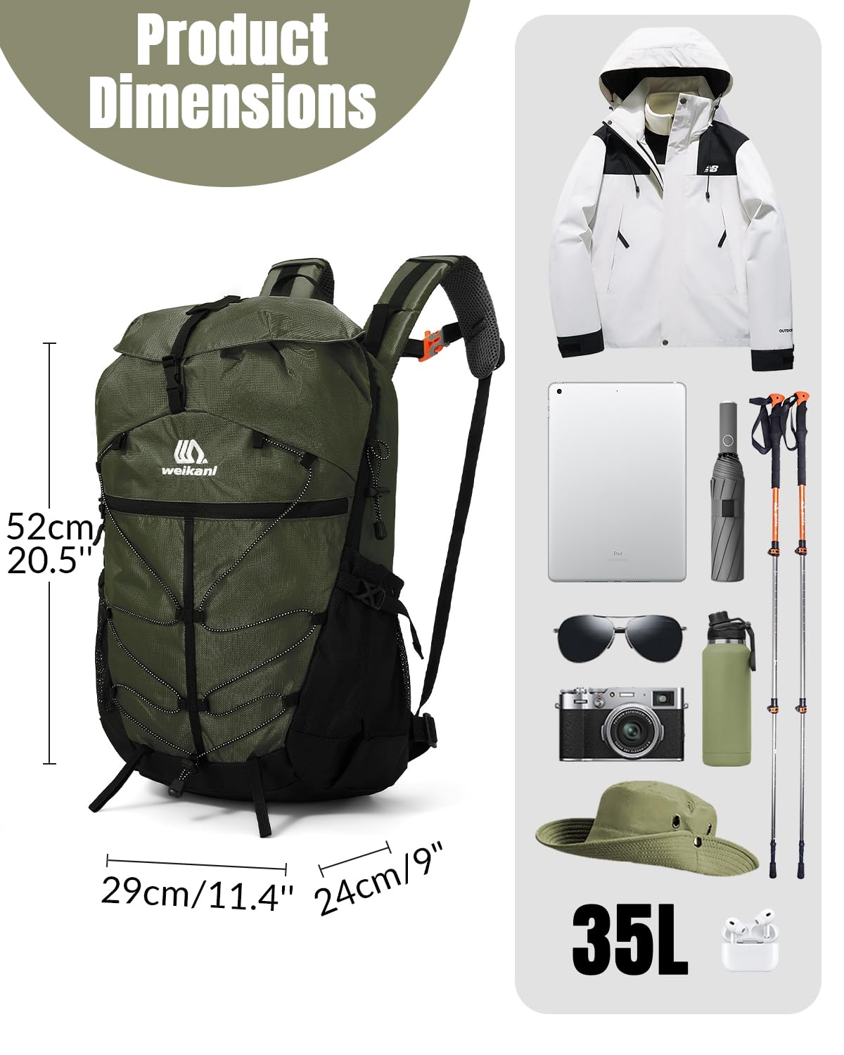 Zaino da trekking impermeabile da 25 l, con cinghia toracica, per uomo e donna, leggero, traspirante, imbottito, da viaggio, escursionismo, Verde scuro, L