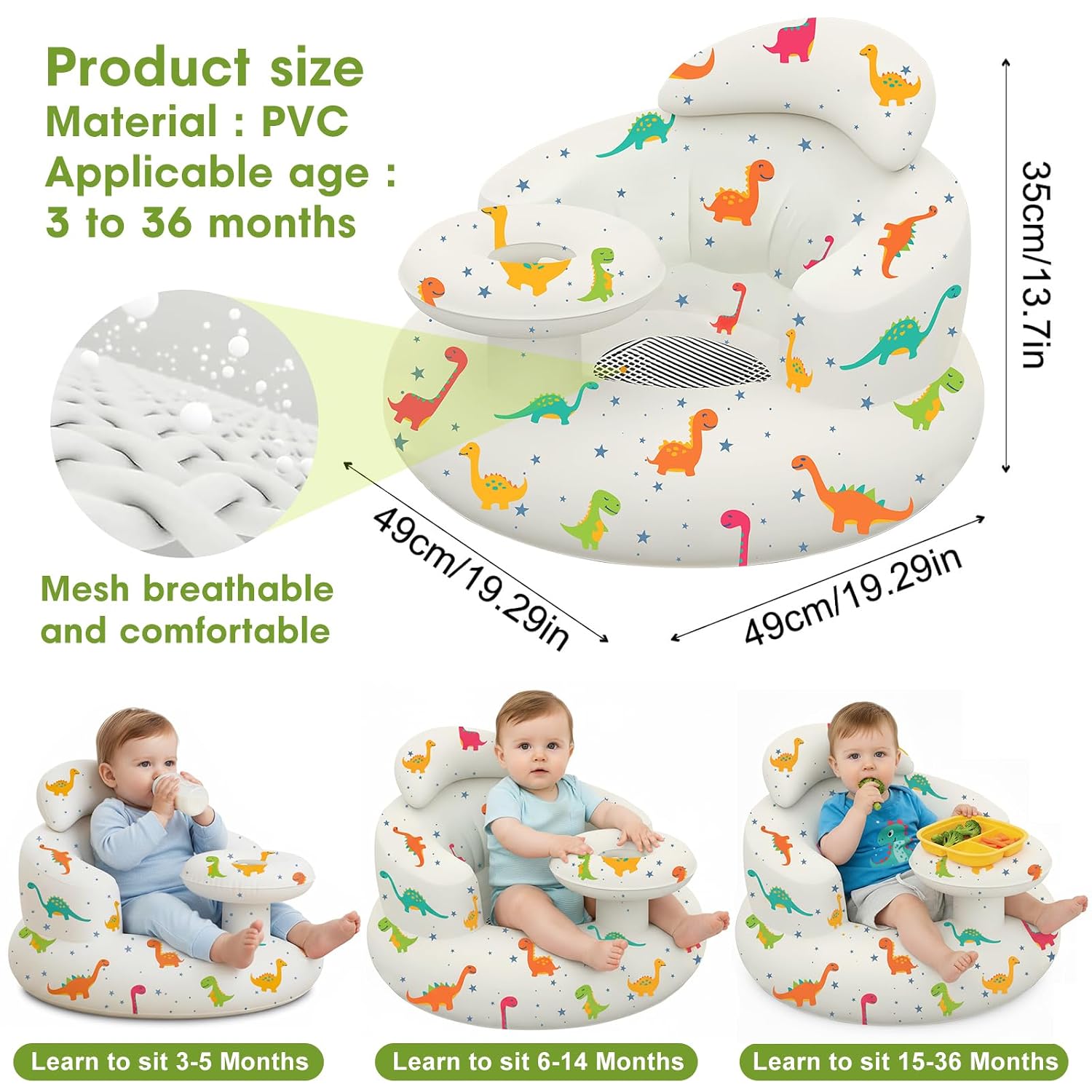 Inflatable Baby Seat with Tray and Built-in Air Pump, 3-36 Months Baby Floor Seat for Sitting Up, Portable Blow Up Baby Chair for Feeding, Travel, Beach (Dinosaur)