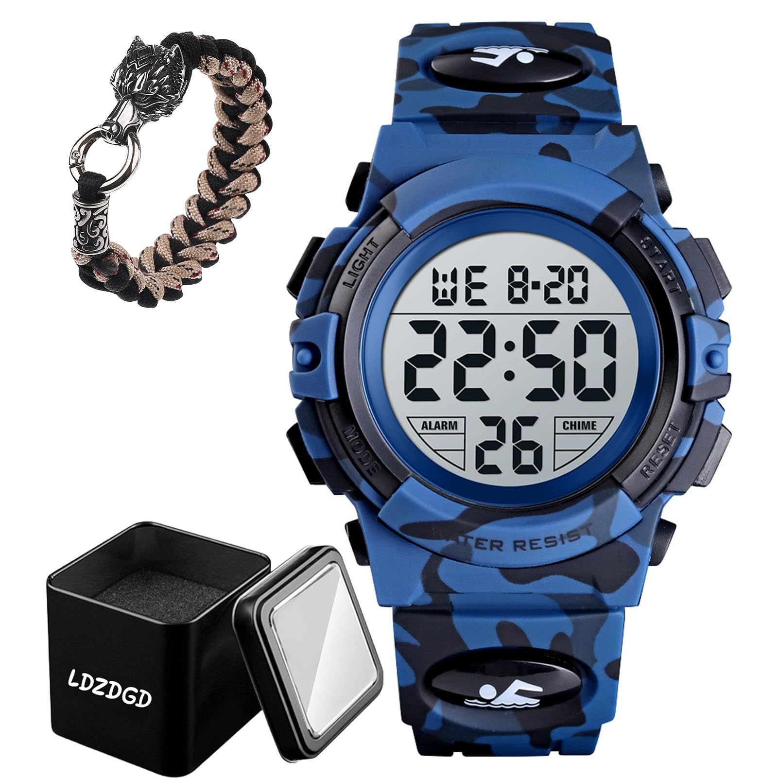 LDZDGD Tactical Digital Watch Waterproof 50M with LED Backlight, Stopwatch, Alarm, Shock Resistant Design for Outdoor Sports, Hiking, Running, and Everyday Wear(Dark Blue camo)
