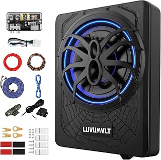 25.4cm(10인치) 1200W 자동차 서브우퍼, 슬림 언더 시트 서브우퍼 및 앰프 패키지, 자동차/트럭 오디오 서브 내장 앰프 앰프 콤보 패키지, 블루 LED 조명 및 설치 와이어 키트 포함