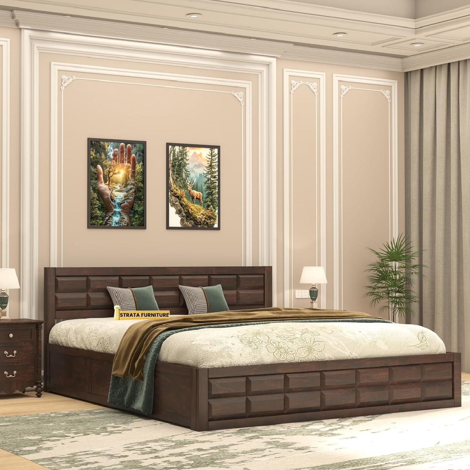 STRATA FURNITURE Sheesham Wood King Size Bed with Box Storage | Wooden Double Bed Cot Palang Furniture for Bedroom Living Room and Home (Walnut Finish)
