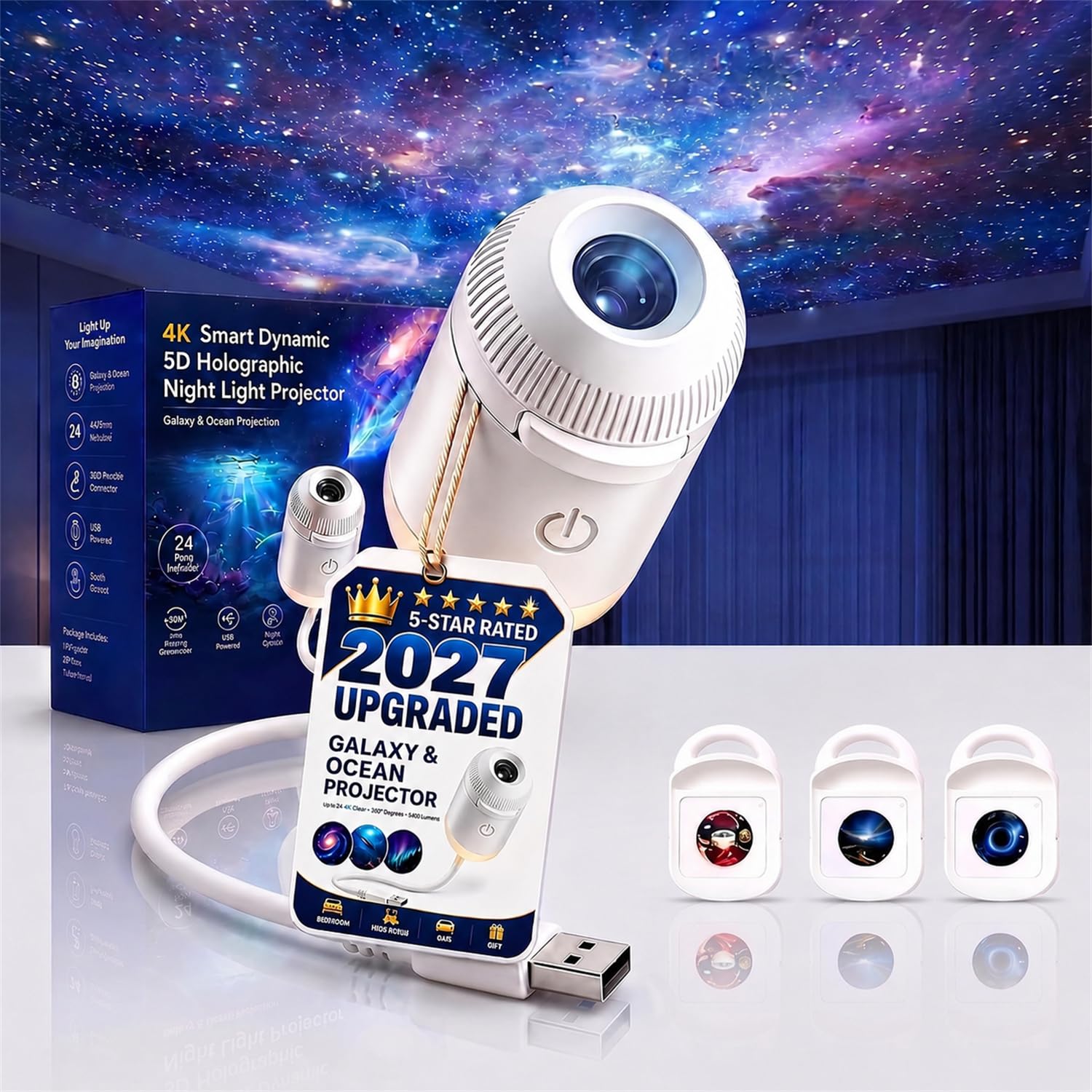 HD Smart Dynamic 5D Holographic Night Light Projector, Ocean Galaxy Projector with Moving Stars and Sea Effects, USB Powered Ceiling Light for Bedroom Adults Kids Room Decoration, Gift (3 Films)
