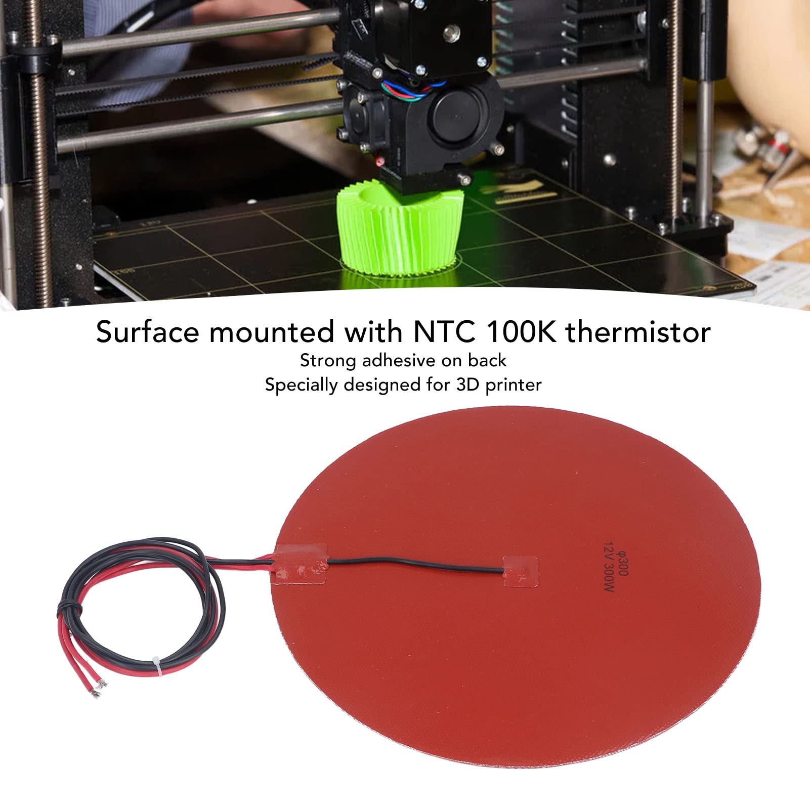 Almohadilla calefactora de silicona de 300 W, alfombrilla calefactora de alta temperatura con termistor de 100 K para cama caliente de impresora 3D, 300 mm de diámetro, cal (12 V CC)