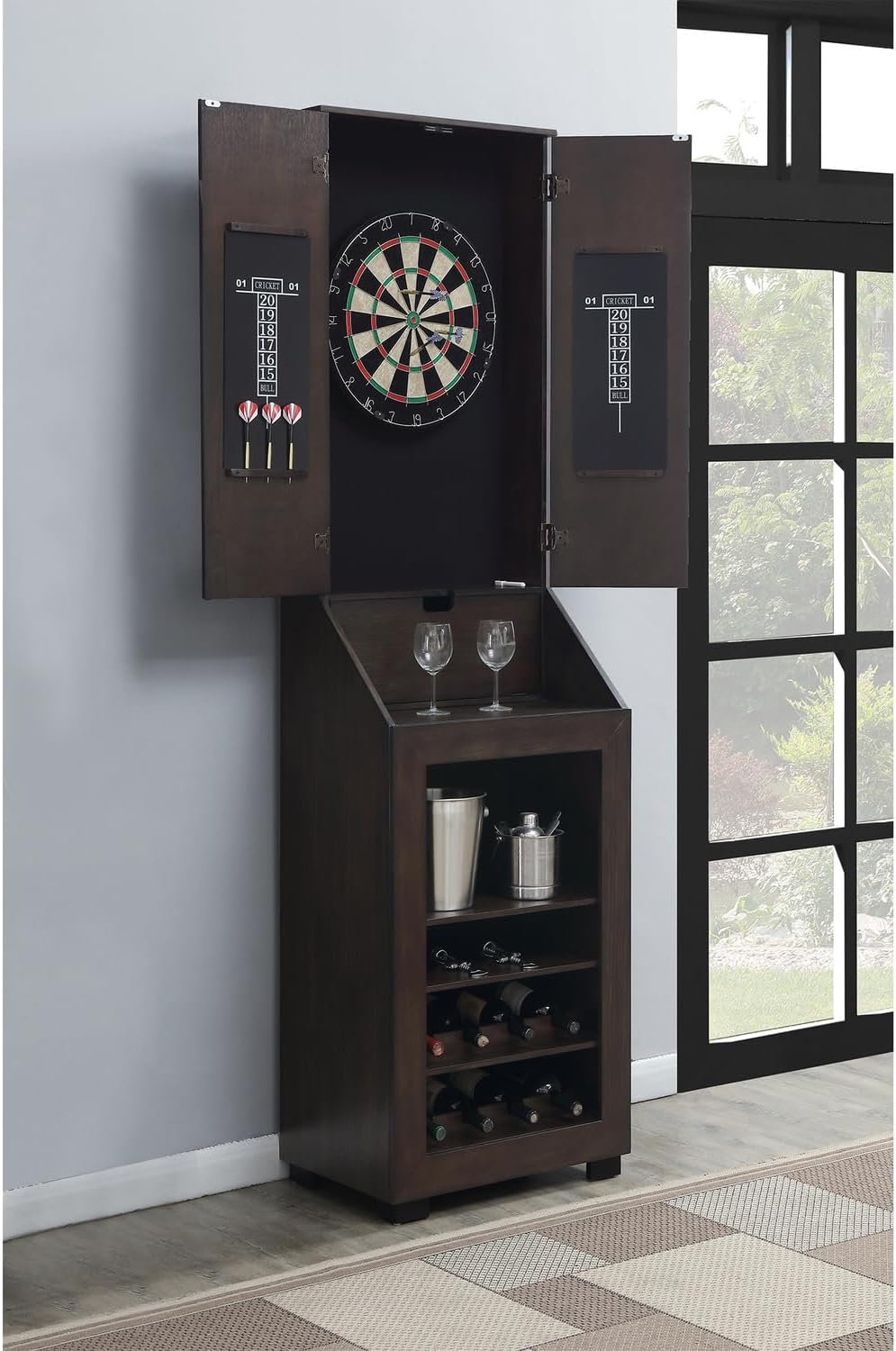Dartboard Cabinet with Storage - Game Room Cabinet, Wine Rack, Dart Accessories
