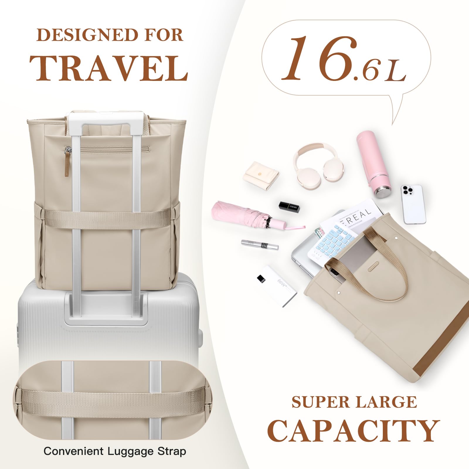 Sac à Dos Ordinateur Portable Femme 16 Pouces, Elegant Antivol 2 en 1 Sac à Main à Bandoulière Sac a Dos PC Portable pour College Loisir Voyage Affaire Travail, Abricot