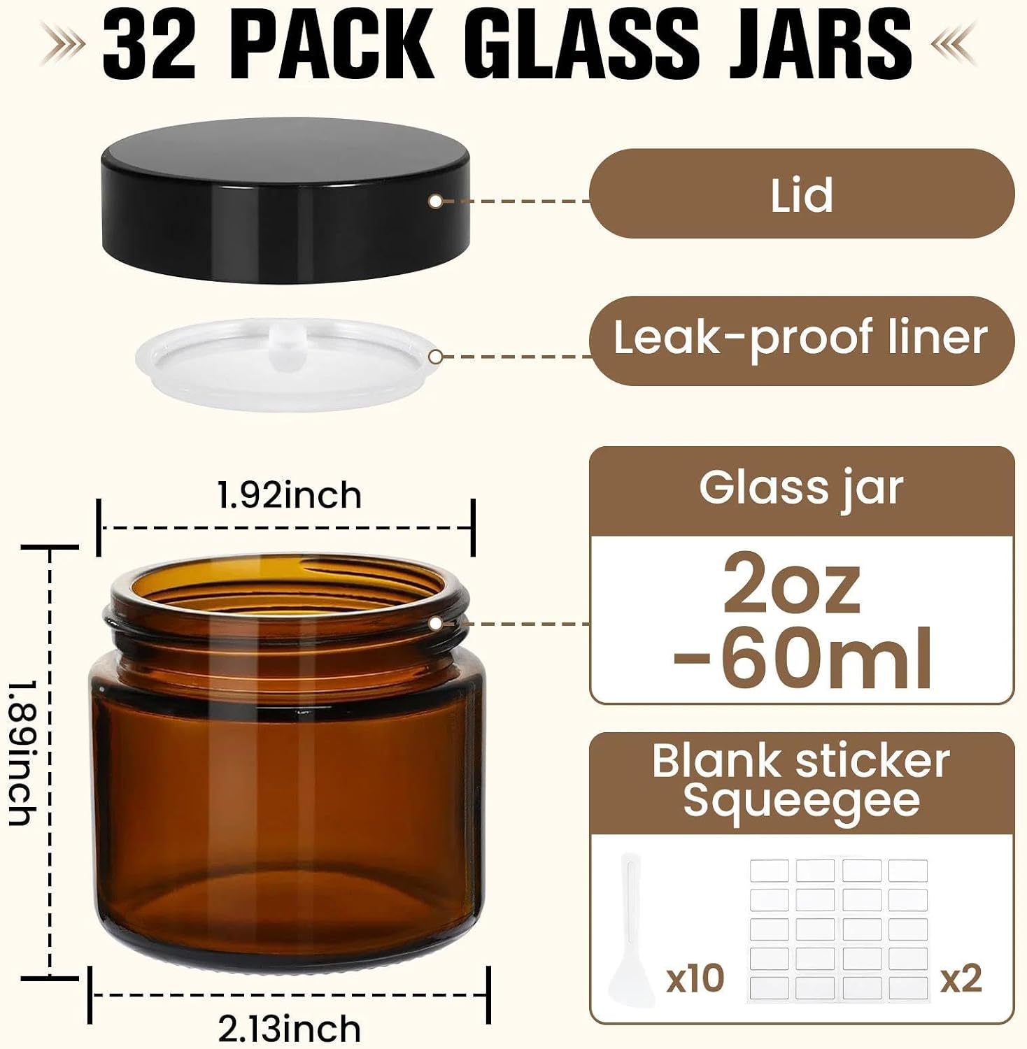 32 Pcs 2 oz Glass Jars with Lids, Amber Glass Jars with 40 Labels & 10 Spatulas, Inner Liners, LeakProof, UV-Protective,Round Glass Containers for Essential Oils, Spices, Candle Making,DIY