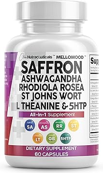 Clean Nutraceuticals Saffron Supplements Extract 100mg + Ashwagandha L-Theanine 200mg - Mood Support Ginkgo Biloba, St. Johns Wort, Rhodiola Rosea & 5-HTP Capsules Pills Men Women