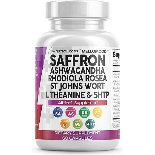Clean Nutraceuticals Saffron Supplements Extract 100mg + Ashwagandha L-Theanine 200mg - Mood Support Ginkgo Biloba, St. John's Wort, Rhodiola Rosea & 5-HTP Capsules Pills Men Women