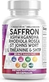Clean Nutraceuticals Saffron Supplements Extract 100mg + Ashwagandha L-Theanine 200mg - Mood Support Ginkgo Biloba, St. John's Wort, Rhodiola Rosea & 5-HTP Capsules Pills Men Women